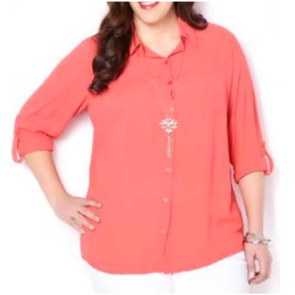 BLOUSE, CREPE BUTTON DOWN, WATERMELON, SIZE 4X, ¾ ROLL UP SLEEVES, BUTTON FRONT,